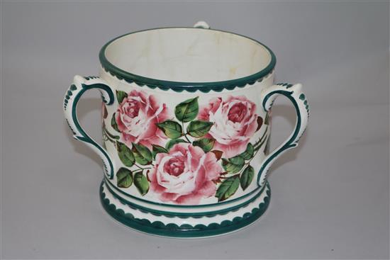 Large Wemyss ware loving cup, height 19.5cm, restorations(-)